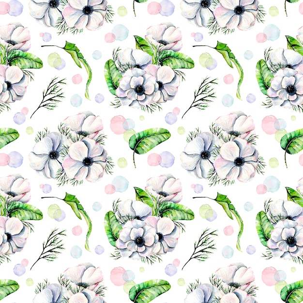 Naadloos patroon met waterverf witte anemonen en groene tropische bladeren, hand die op een witte achtergrond wordt getrokken