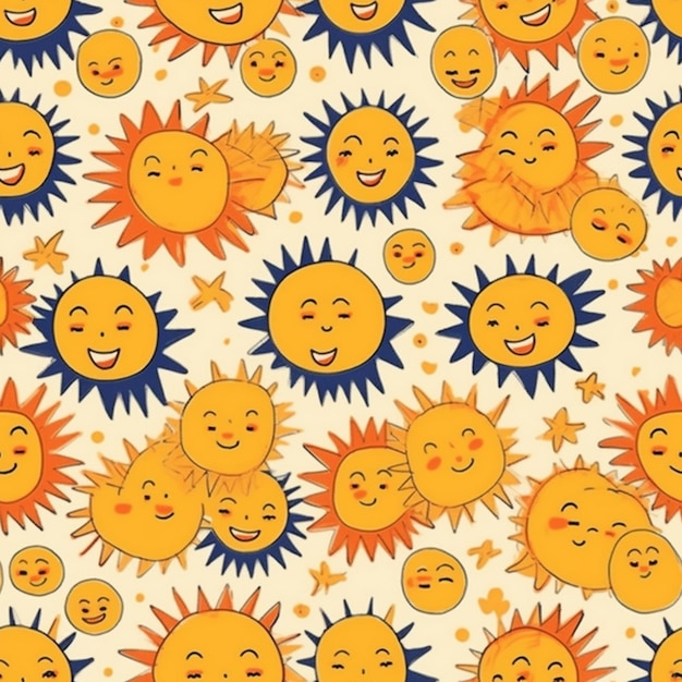 Naadloos patroon met zon en sterren op een gele achtergrond.
