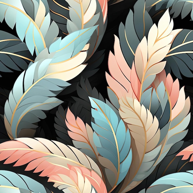 Naadloos patroon van blauw en roze bladontwerp met fijne veren details betegeld