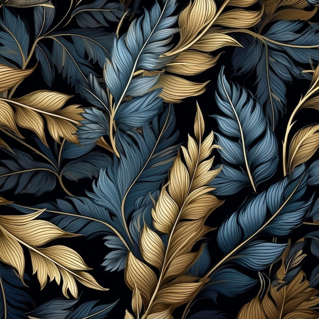 naadloos patroon van blauwe en gouden veren