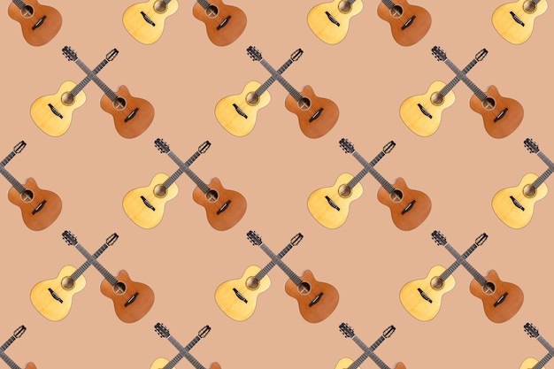 Foto naadloos patroon van houtstructuur van benedendek van zes snaren akoestische gitaar op oranje achtergrond
