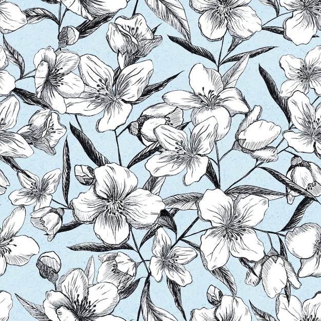 Naadloos patroon van jasmijnbloemen op een blauwe achtergrond Tekening met potlood Vintage stijl Ontwerp voor textiel en stoffen