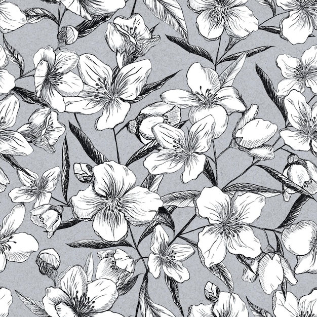 Naadloos patroon van jasmijnbloemen op grijze achtergrond Handpencil tekening Vintage stijl Ontwerp voor textiel en stoffen