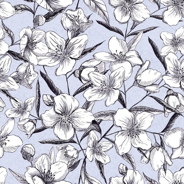 Naadloos patroon van jasmijnbloemen op lila achtergrond Metalen potlood tekening Vintage stijl Ontwerp voor textiel en stoffen