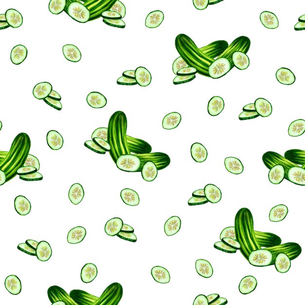 Foto naadloos patroon van realistische komkommers en plakjes op wit _ hand getrokken marker illustratie