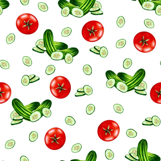 Foto naadloos patroon van realistische tomaten en komkommers op wit _ hand getrokken markerillustratie