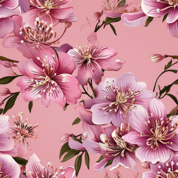 Naadloos patroon van roze bloemen op een roze achtergrond in een hyperrealistische stijl met tegels