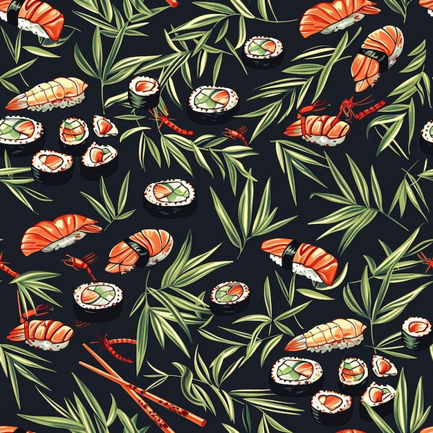 Naadloos patroon van sushi en rollen op een donkere achtergrond generatieve ai