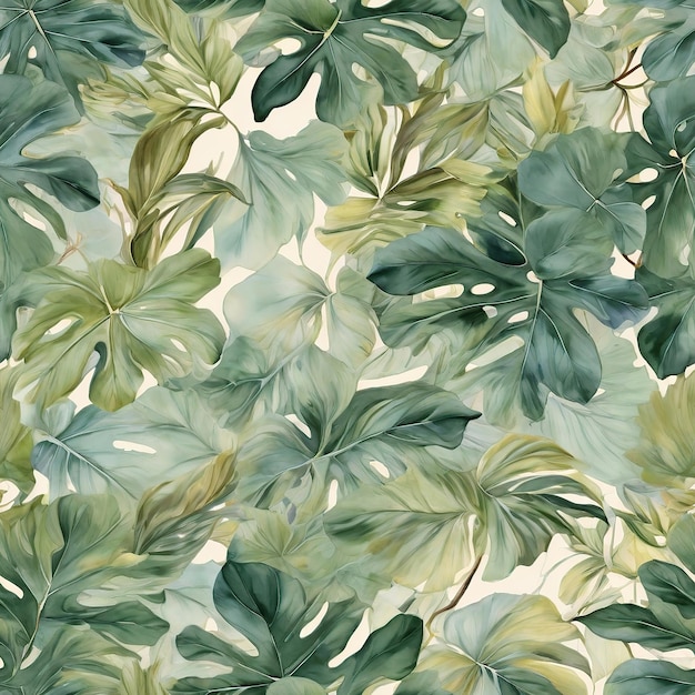 naadloos patroon van tropische zachte pastergroene bladeren in waterkleur