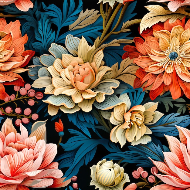 Naadloos patroon van vintage bloemenmix samen met stengelbladeren bloemen pseudocolor Generatieve ai