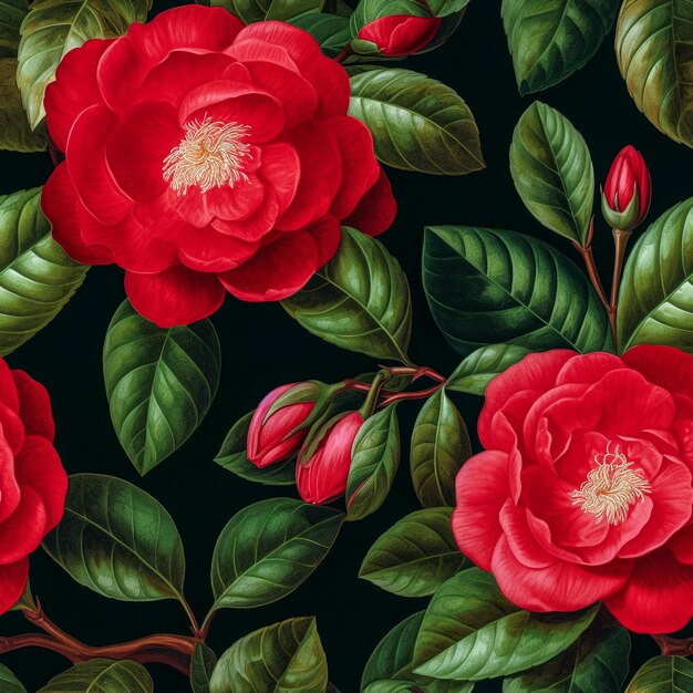 Naadloos rood camellia roos bloemen illustratie patroon op zwarte achtergrond bruiloft behang