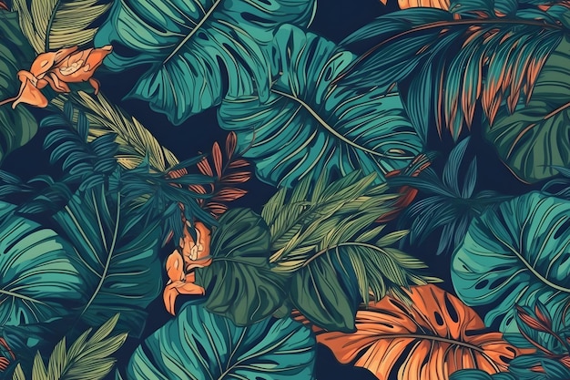 Naadloos vectorpatroon met exotische tropische planten in moderne stijl Trendy jungle kleurrijk achtergrondontwerp Natuur textiel mode behang print Generatieve Ai