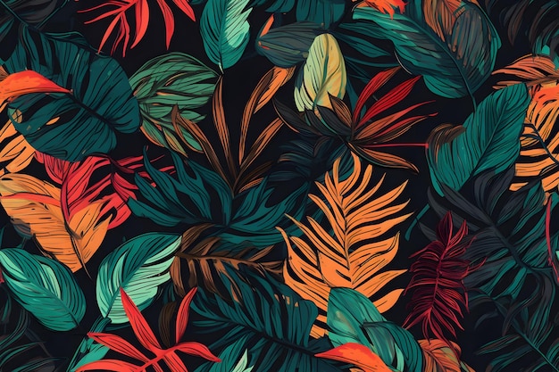 Naadloos vectorpatroon met exotische tropische planten in moderne stijl Trendy jungle kleurrijk achtergrondontwerp Natuur textiel mode behang print Generatieve Ai