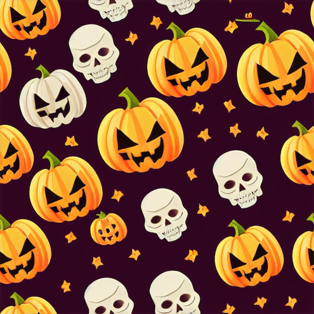 Naadloos vectorpatroon voor Halloween-ontwerp Halloween-symbolenschedel en pompoen in beeldverhaalstijl