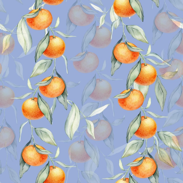 Naadloos waterverf citrusvruchten en bladeren patroon Groene bladeren en oranje vruchten op witte achtergrond Naadloos mandarijn en sinaasappels waterverf illustratie