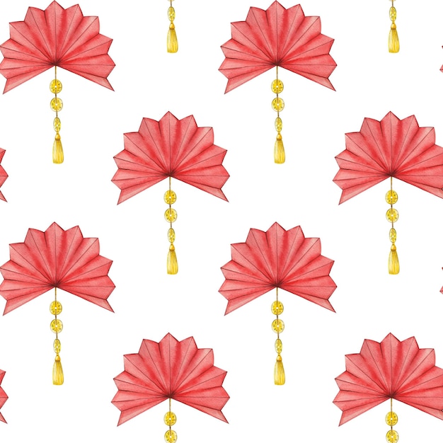 Naadloos waterverfpatroon voor het Chinese Nieuwjaar Rode handventilator met gouden hanger en penseel geschilderd in waterverf Geschikt voor afdrukken op stof en papier voor uitnodigingen