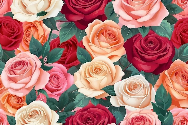 Naadloze achtergrond met een boeket elegante en geurige rozen in verschillende kleuren, waaronder roodroze en perzik, die liefde en romantiek symboliseren