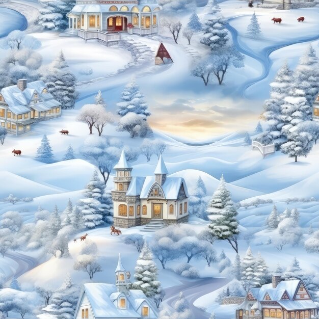 Foto naadloze achtergrond van winter wonderland met sneeuw en kerstbomen illustratie winter landschap