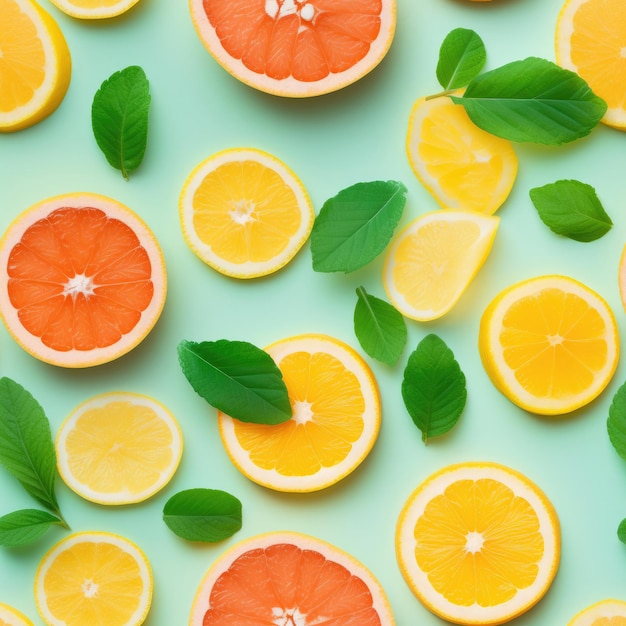 Naadloze afbeelding van plakjes sinaasappel, citroen, grapefruit en muntbladeren