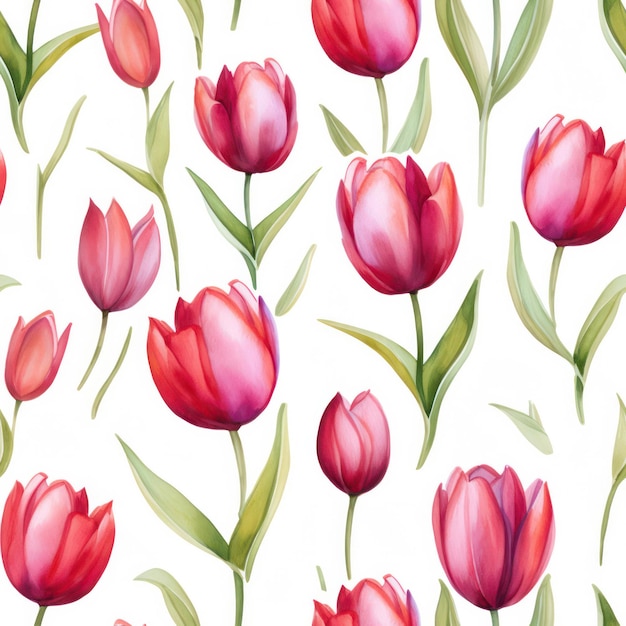 Naadloze aquarel tulp met blad patroon op witte achtergrond