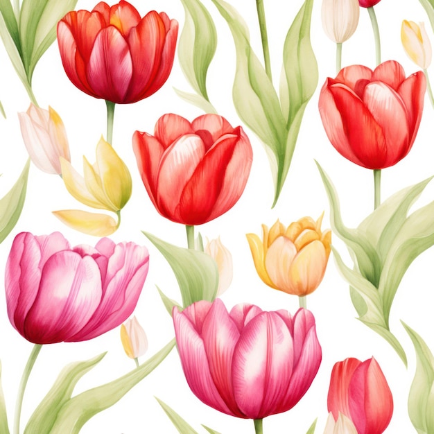 Naadloze aquarel tulp met bladpatroon op witte achtergrond