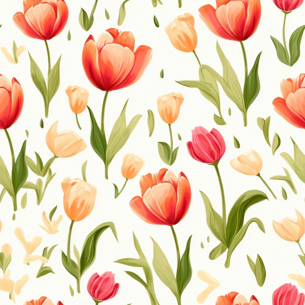 Naadloze aquarel tulp met bladpatroon op witte achtergrond