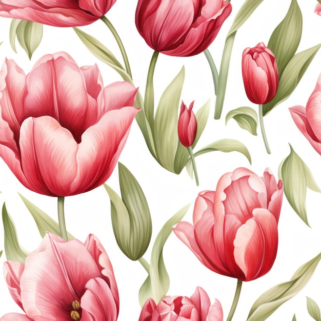 Naadloze aquarel tulp met bladpatroon op witte achtergrond