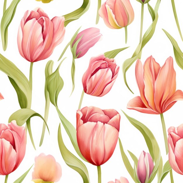 Naadloze aquarel tulp met bladpatroon op witte achtergrond