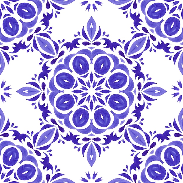 Naadloze decoratieve aquarel textuur Mandala naadloze patroon van blauwe en witte ornamenten