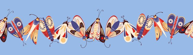 Foto naadloze grens met kleurrijke schattige motten op een blauwe achtergrond vlinders motten schattige insecten