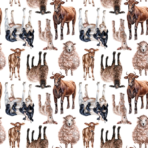 Naadloze handgetekende tekening met boerderijdieren koeien en schapen Achtergrond voor textiel stoffen banners inpakpapier en andere ontwerpen
