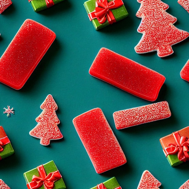 Naadloze kerstversiering gemaakt van kleurrijke suikerachtige gummies