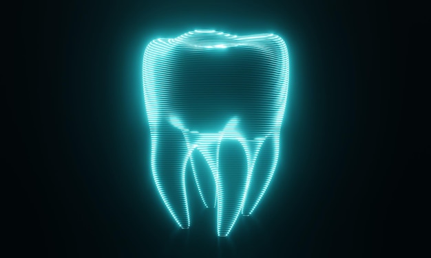 Naadloze looping van blauwe HUD tand scannen en roteren op zwarte achtergrond Technologie en medisch concept