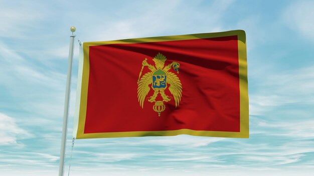 Naadloze lus animatie van de vlag van Montenegro op een blauwe hemelachtergrond. 3D Illustratie.