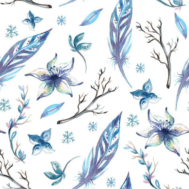 Naadloze patroon aquarel verschillende blauwe planten en veren