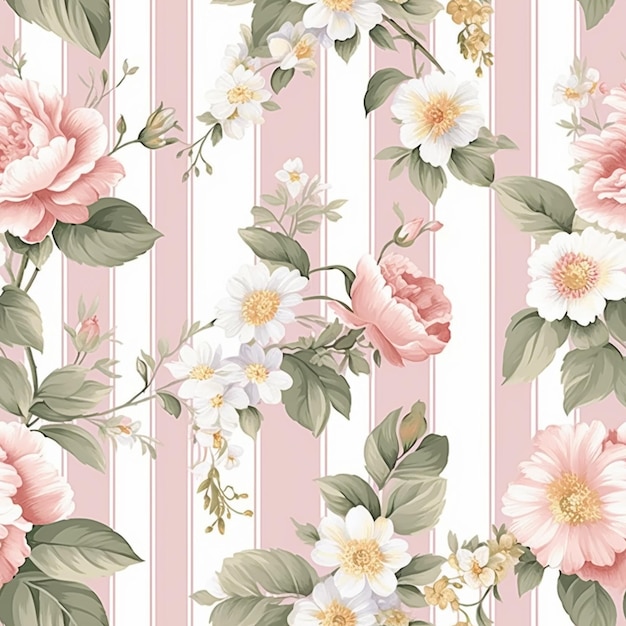 Naadloze patroon betegelbare gestreepte roze bloemen landelijke stijl print voor behang inpakpapier met Engelse platteland roze bloemen voor plakboekstof en productontwerpidee