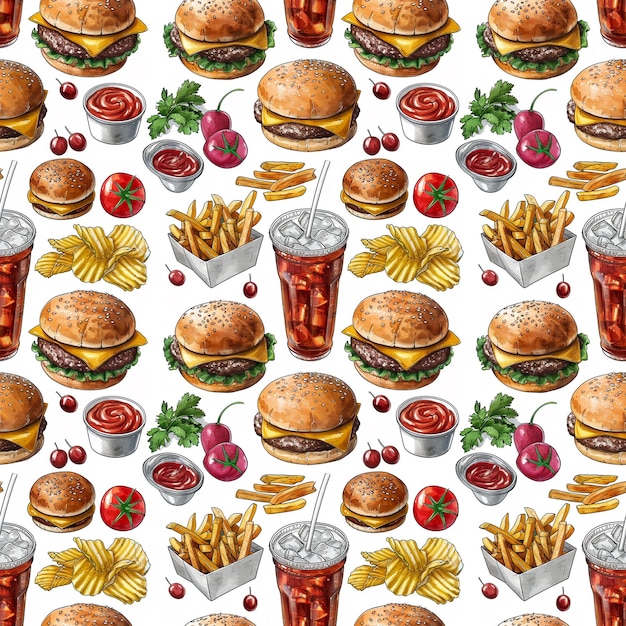 Naadloze patroon fastfood vector stijl hamburgers