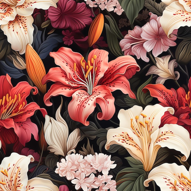 Naadloze patroon kleurrijke Lily Flowers vintage stijl meerdere maten AI gegenereerd