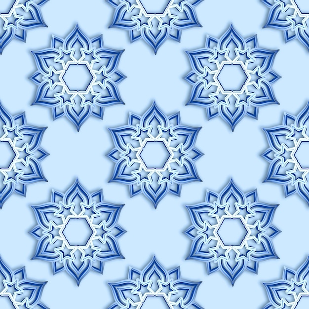 Naadloze patroon met blauwe glanzende volumetrische sneeuwvlok geïsoleerd op lichte blauwe achtergrond. 3D render op een kerstthema