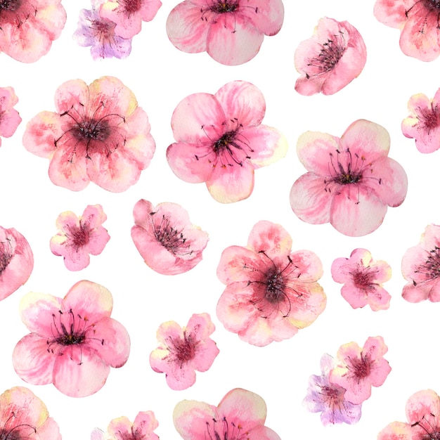 Naadloze patroon met bloeiende sakura takken op een witte achtergrond. aquarel illustratie met de hand getekend