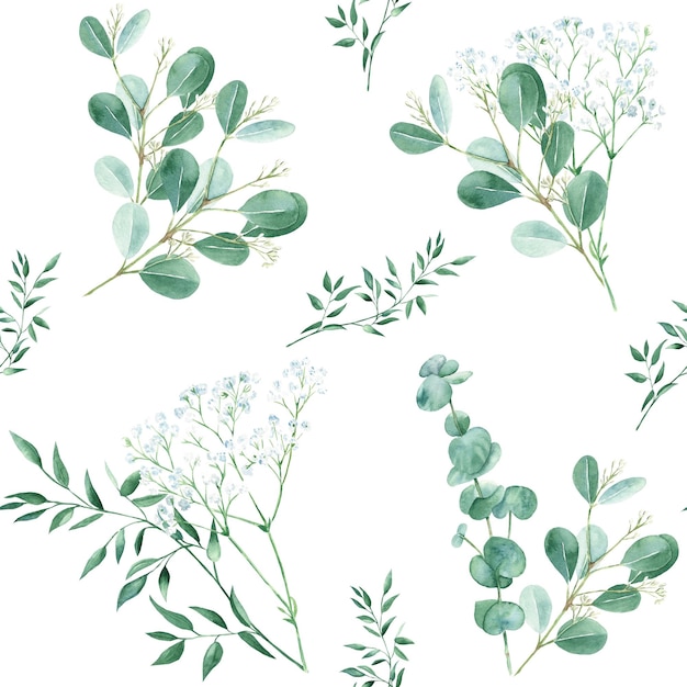 Naadloze patroon met eucalyptus gypsophila en pistache takken op witte achtergrond aquarel