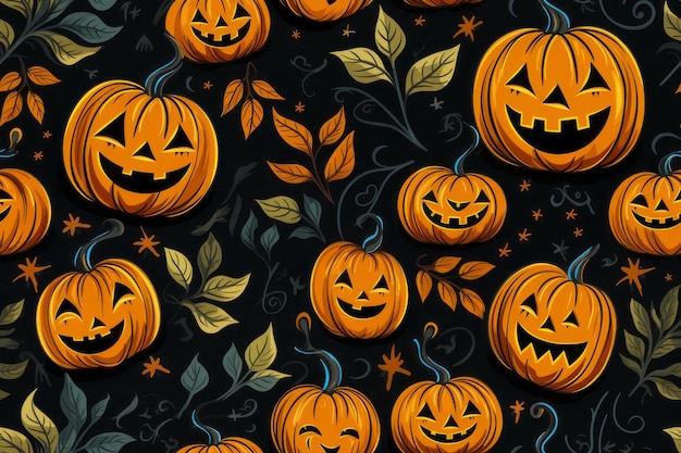 naadloze patroon met halloween-pompoenen op zwarte achtergrond