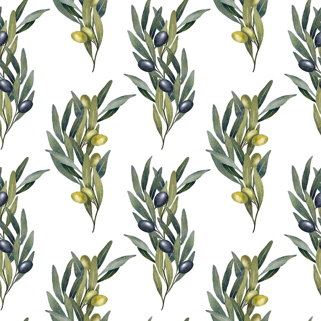 Naadloze patroon met hand getrokken aquarel olijfboom bladeren tak groene en zwarte olijven fruit bloemen illustratie voor stoffen keukentextiel wallpapers afdrukken