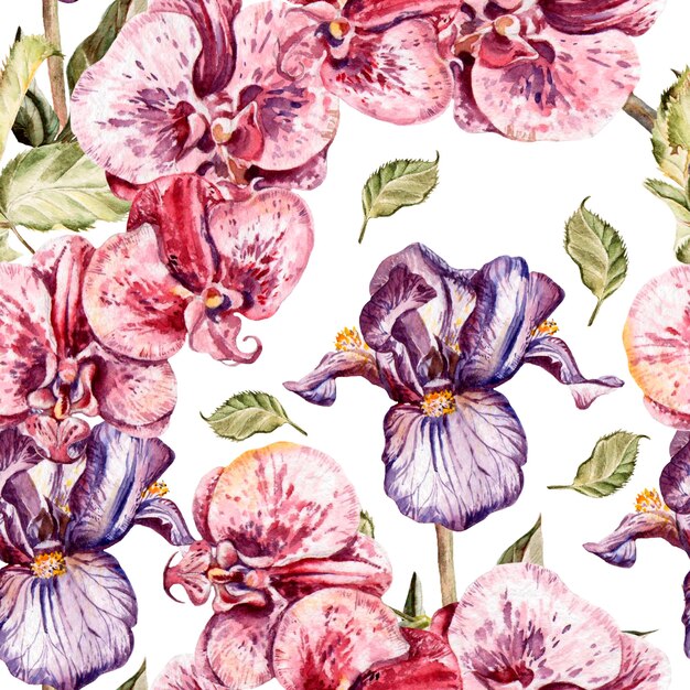 Naadloze patroon met orchideebloemen en irisbloemen. Illustratie.