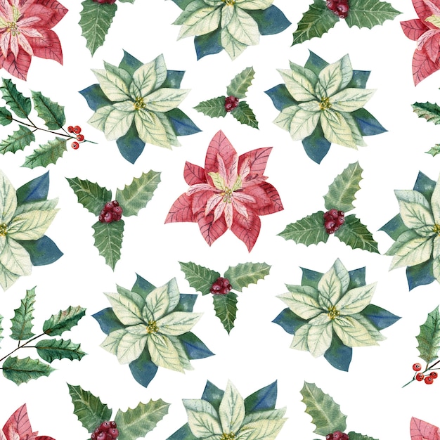 Naadloze patroon met poinsettia kleuren en padub op een witte geïsoleerde achtergrond. Aquarel kerst illustratie.