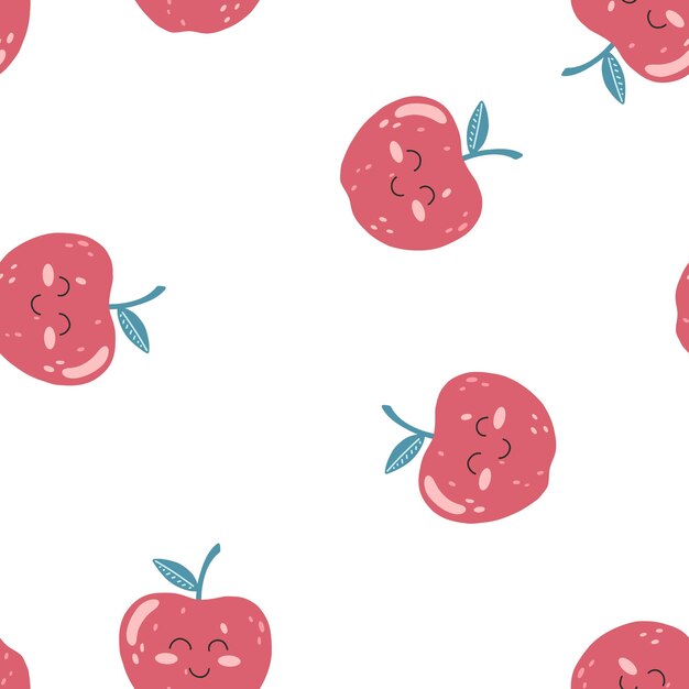 Naadloze patroon met schattige appel kawaii fruit met blij gezicht, kinderen cartoon achtergrond