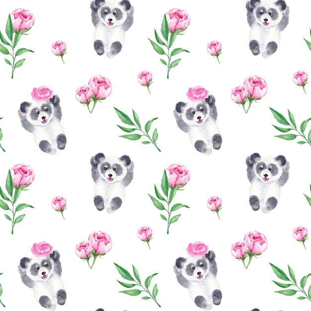 Foto naadloze patroon met schattige panda en pioen bloemen aquarel hand getekende illustratie