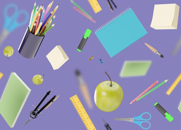 Foto naadloze patroon met school briefpapier items op paarse achtergrond kleurrijke achtergrond met school levert textuur eyecatching ontwerp pen potloden schaar notebook liniaal apple 3d-rendering