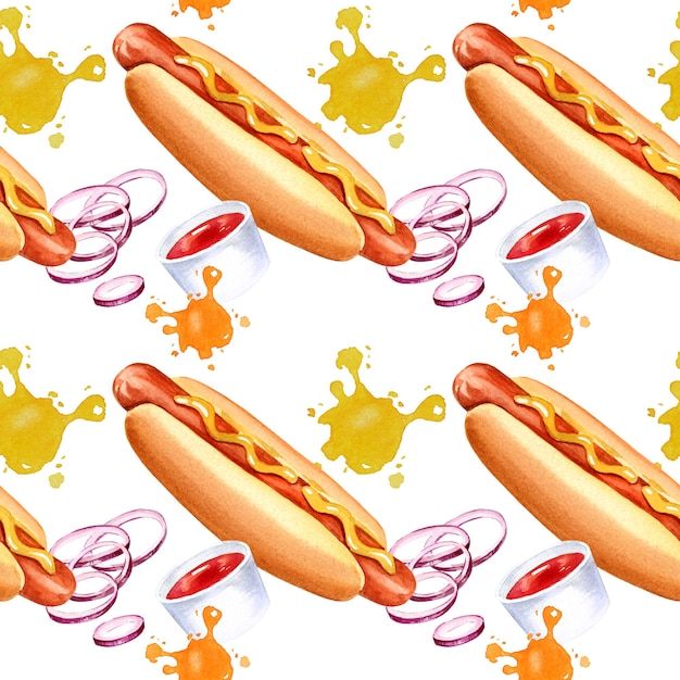 Naadloze patroon met smakelijke hotdog ui saus spatten aquarel hand getekende illustratie geïsoleerd