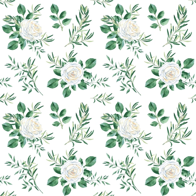 Naadloze patroon met witte rozen olijf en pistache takken aquarel illustratie rustieke stijl